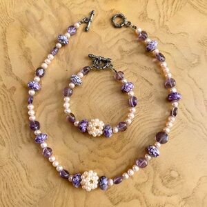 Lilac and Faux Pearls Necklace and Bracelet Set Handmade